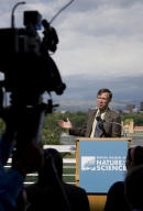 Mayor John Hickenlooper on rooftop of the Denver Museum of Nature and Science