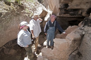 L-R: Hannah Chazin, PHD Student, Univ. of Chicago; Garrett Briggs; and Dr. Steve Nash at the Hinkle Park Cliff Dwelling.