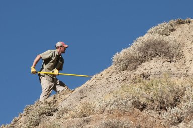 DMNS Volunteer Dane Miller works on a dig site in the Kaiparowits Plateau.