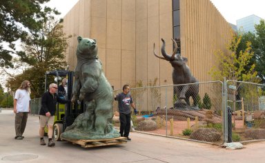 Re-Installing Bronze Sculpture "Grizzly's Last Stand" to South West Corner, Exterior