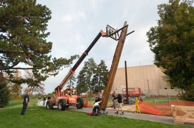 Installation of Totem Pole on South West Corner of Denver Museum of Nature and Science, exterior