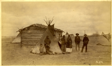 Sioux- Group of Tipis and Log Cabin