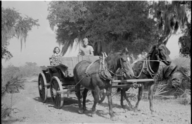 People on a horse drawn wagon