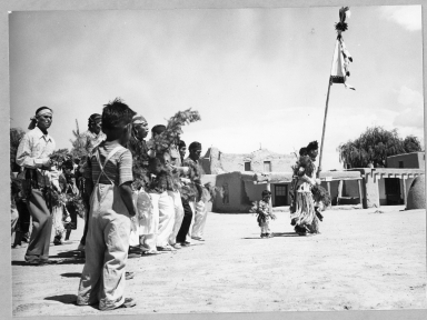 San Ildefonso Pueblo, Corn Dance. Chorus advancing from Kiva to Plaza