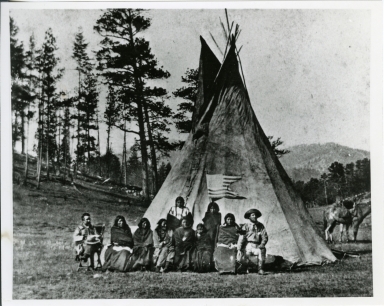 Plains Indian scene with tipi and 7th Cavalry flag from Slim Buttes